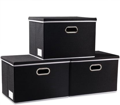 PRANDOM Extra Large Collapsible Storage Bins with Lids [3-Pack] Linen Fabric Foldable Storage Baskets Boxes Organizer Containers Cube with Cover for Bedroom Closet Office Nursery (22.8x15.7x13.8)