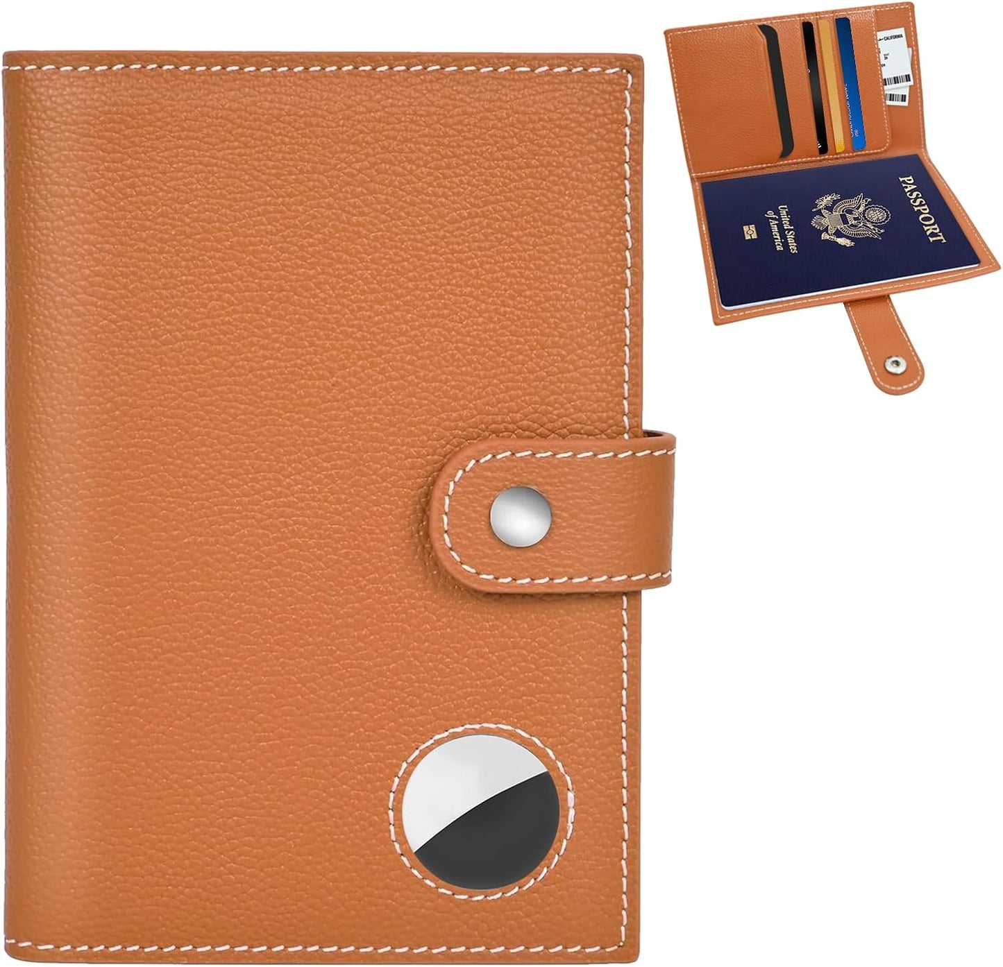 Genuine Leather Passport Holder, RFID Blocking Travel Wallet for Men/Women, Stylish Passport Cover with Airtag Slot, Durable Passport Wallet case travel essentials (Brown)