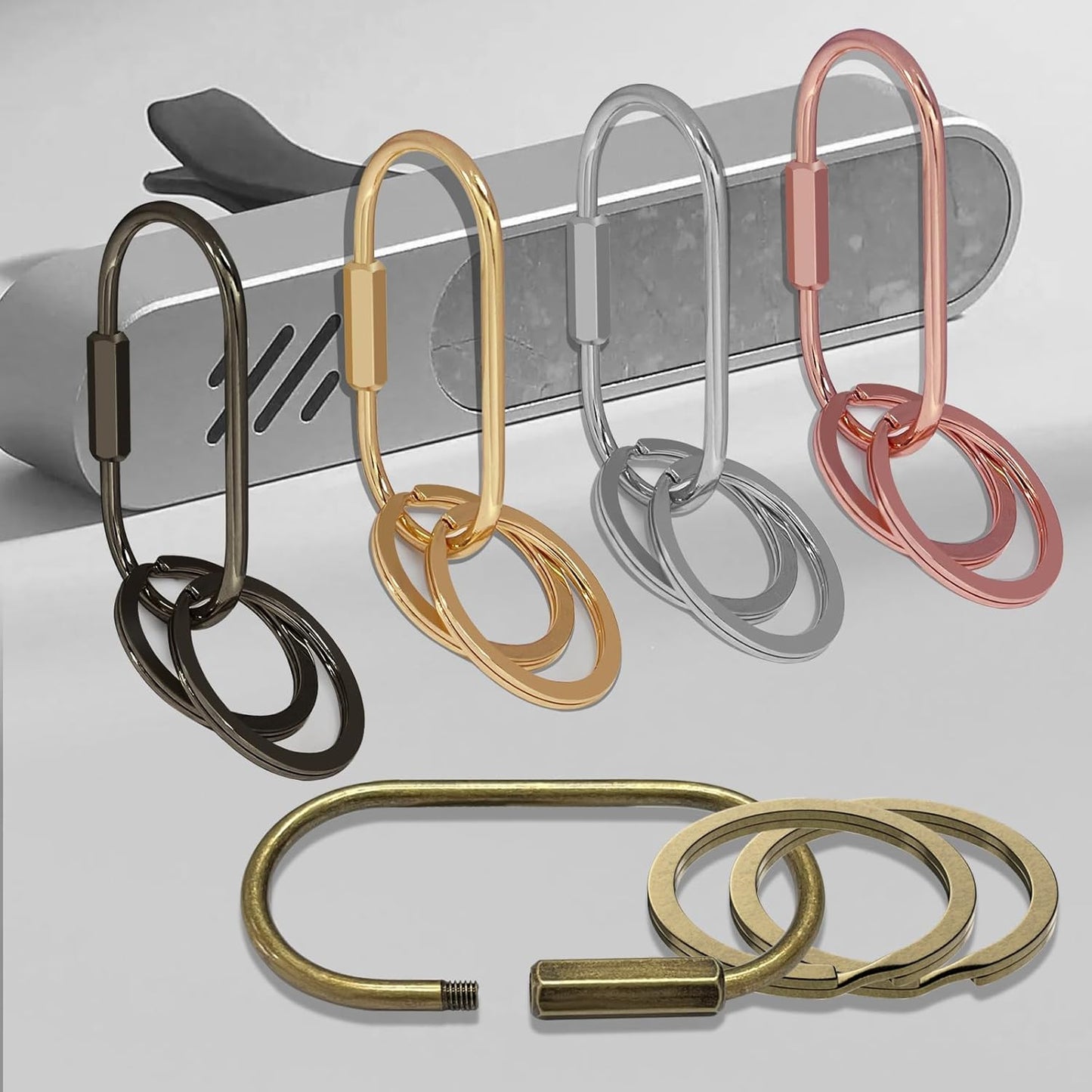 Key Chain, Brass Key Rings 2 Pack Screw Lock Key Organizer with 4 Rings Carabiner Keychain Clip for Men and Women