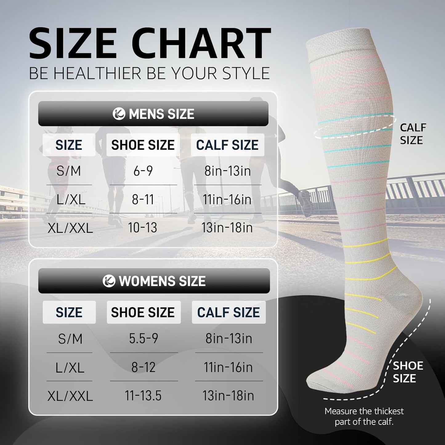 Kickticks 4 Pairs Compression Socks for Woman & Man Unisex 20-30mmHg Knee high Plus Size Wide Calves for Flying Running…