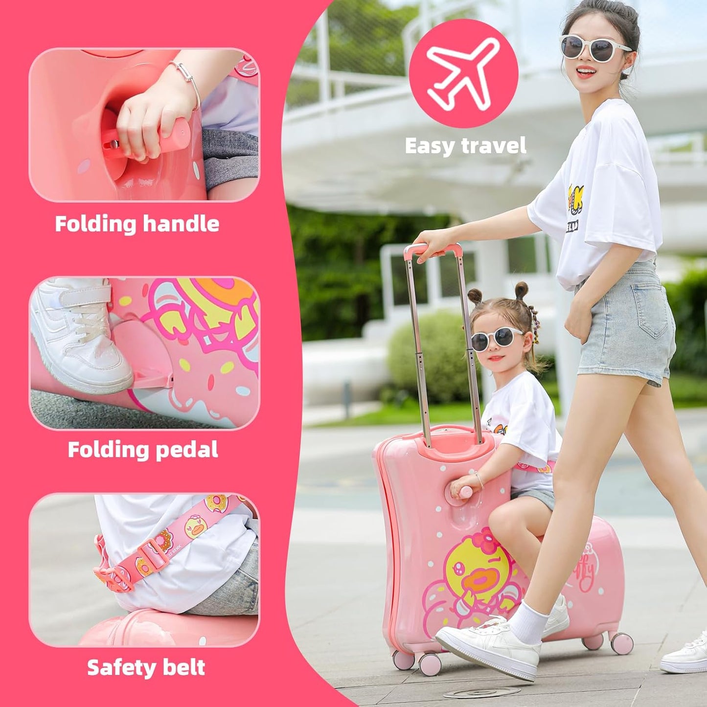 Kids' Lightweight Ride on Luggage with Spinner Wheels & Foldabe Design (Pink Donut, 20"+ Aged 1-3 Toddler)