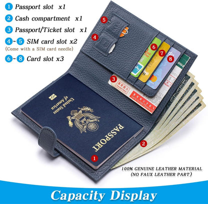 Passport Holder for Travel Women RFID Blocking Genuine Leather Passport Wallet with Card Slots, Zipper Coins Pocket, Cash Holder, Navy Blue