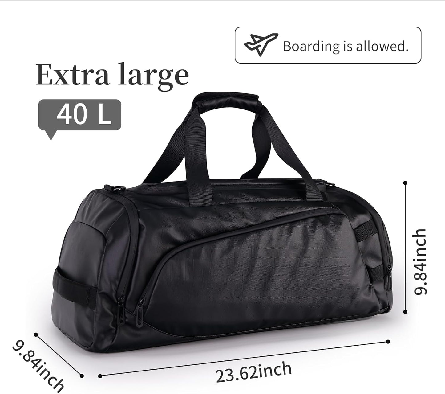 Duffle Bag for Travel, Carry on Gym Bag for Men, Waterproof Sport Bags with Shoe Compartment, 40L Lightweight Weekender Bag for Camping, Hiking, Trips - Black (Basic)