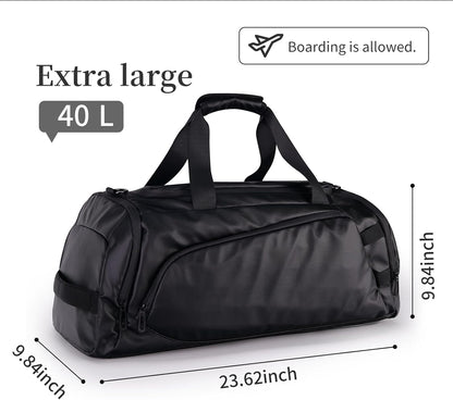 Duffle Bag for Travel, Carry on Gym Bag for Men, Waterproof Sport Bags with Shoe Compartment, 40L Lightweight Weekender Bag for Camping, Hiking, Trips - Black (Basic)
