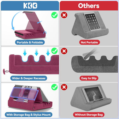 KDD Tablet Pillow Holder, Foldable iPad Stand for Lap, Bed and Desk -Tablet Soft Pad Dock with Pocket & Stylus Mount Compatible with iPad Pro 12.9, 10.5, 9.7 Air Mini 6 5 4 3, Galaxy Tab, E-Reader