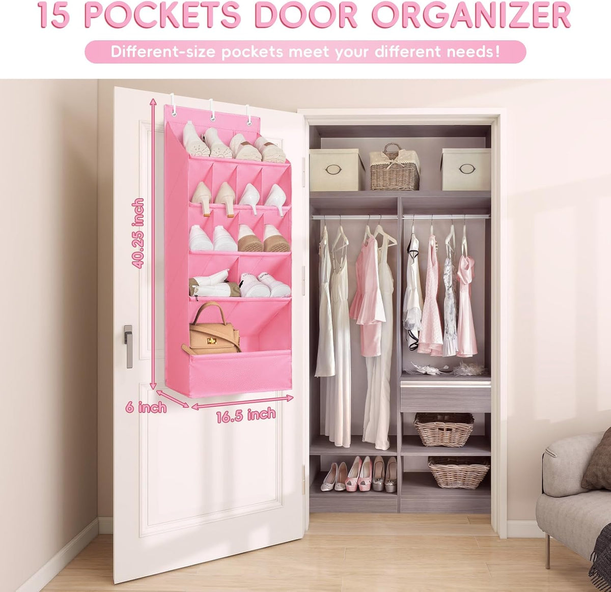 FENTEC 1 Pack Over-the-Door-Shoe-Organizers, Hanging Shoe Organizers with Large Pocket Shoe Holder Hanging Shoe Rack for Closet Shoe Organizer for Wall, Over Door Organizer with 15 Pockets Pink