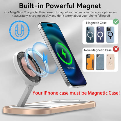 3 in 1 Fast Wireless Charger Stand for iPhone, Foldable Travel Charging Station for Magsafe for iPhone 17/Air/16/15/14/13/12 Series, Apple Watch Series, AirPods pro/2/3/4, Gifts for Women Men (Golden)
