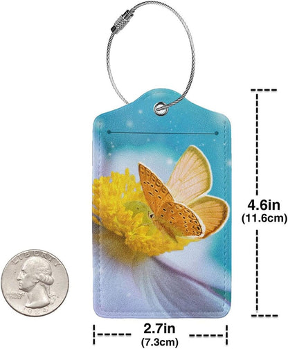 2 Pack Beautiful Sky Blue Luggage Tags for Suitcases, Pretty Yellow Butterfly on White Flower Pattern Unique Leather Suitcase Tags Identifiers with Privacy Name Address Labels for Women Girls Travel