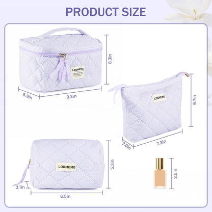 Makeup Bag 3 PCS Cosmetic Bags for Women, Large Travel Make up Bag Set Cute Cotton Toiletry Bag Organizer Pouch for Purse, Purple