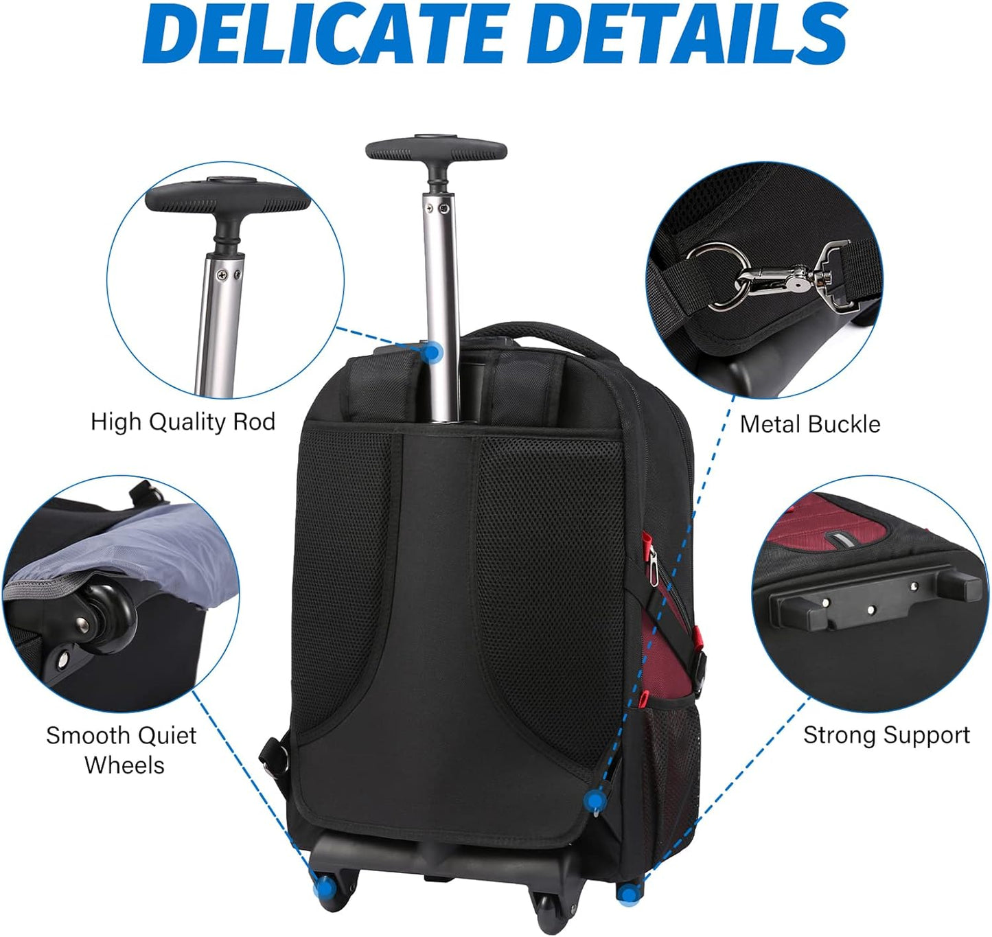 LOVEVOOK Rolling Laptop Backpack with Wheels, Waterproof Travel Carry On Business Backpack for Men, Fits 17 inch (17 inch, Red)