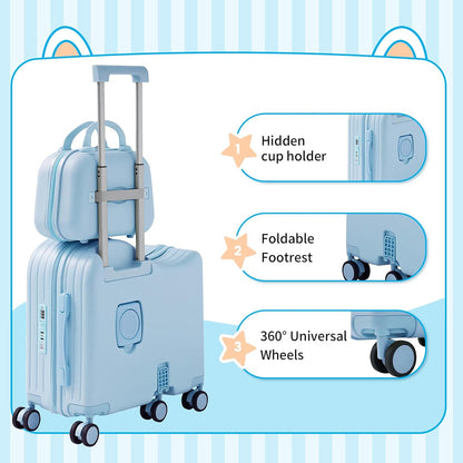 TABU Ride-on Luggage with Handbag for Kids，Hardshell Carry On Suitcase with Hidden Cup Holder, Foldable Pedal,Type-C & USB Interface, TSA Lock, 6-Spinner Wheels, Blue