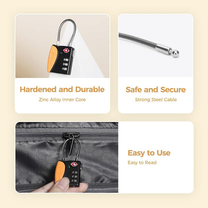 pack all TSA Approved Cable Luggage Locks, 3 Digit Combination Padlocks, Travel Lock for Suitcases & Bag, Alloy Body, Travel Accessories (4 Pack)（Orange）
