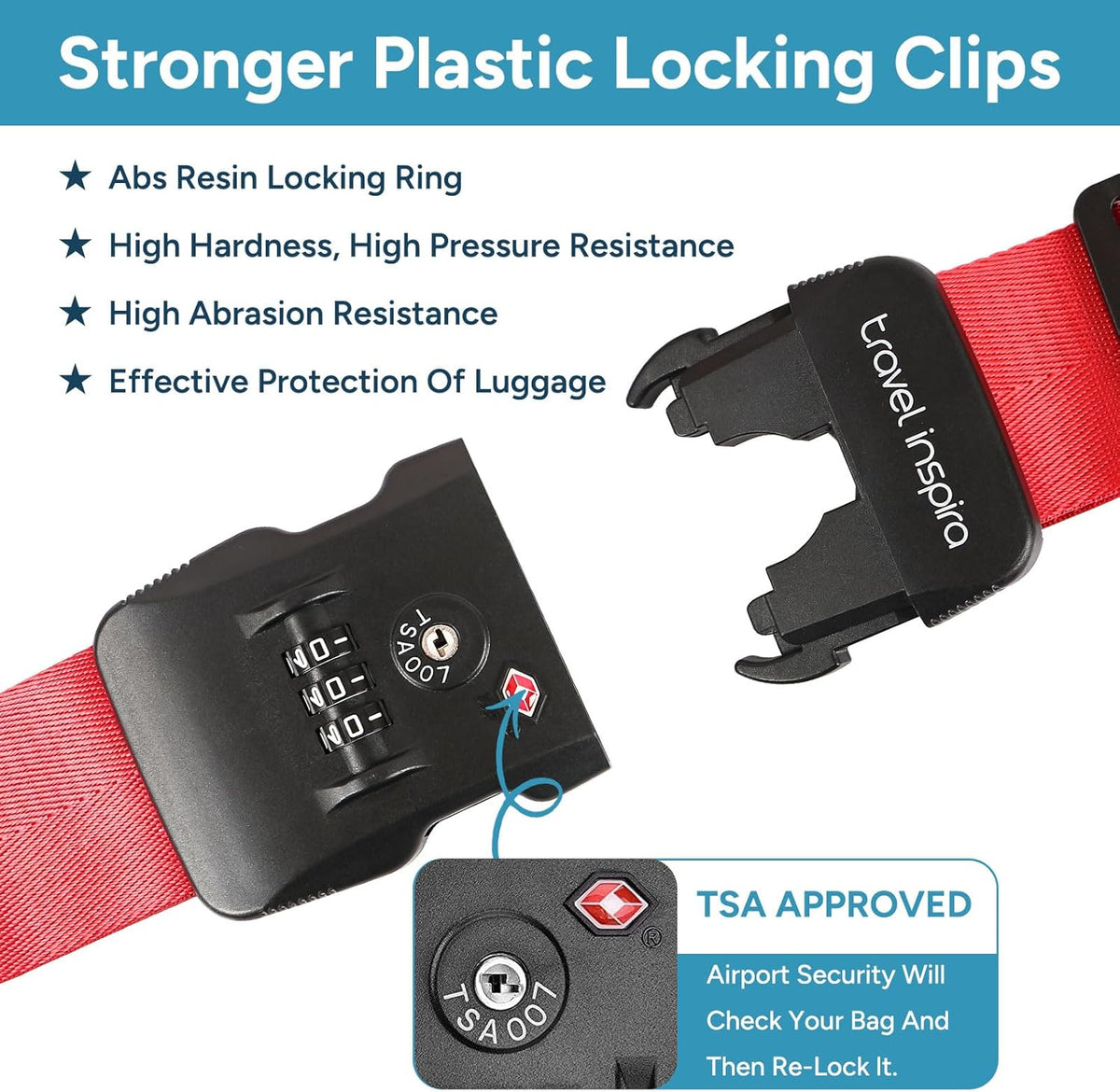 Travel Inspira TSA Lock Luggage Straps for Suitcases | Anti-Burst Protection, High Visibility Color, Easy Identification | Adjustable Heavy-Duty Belt for 20-32 Inch Suitcases