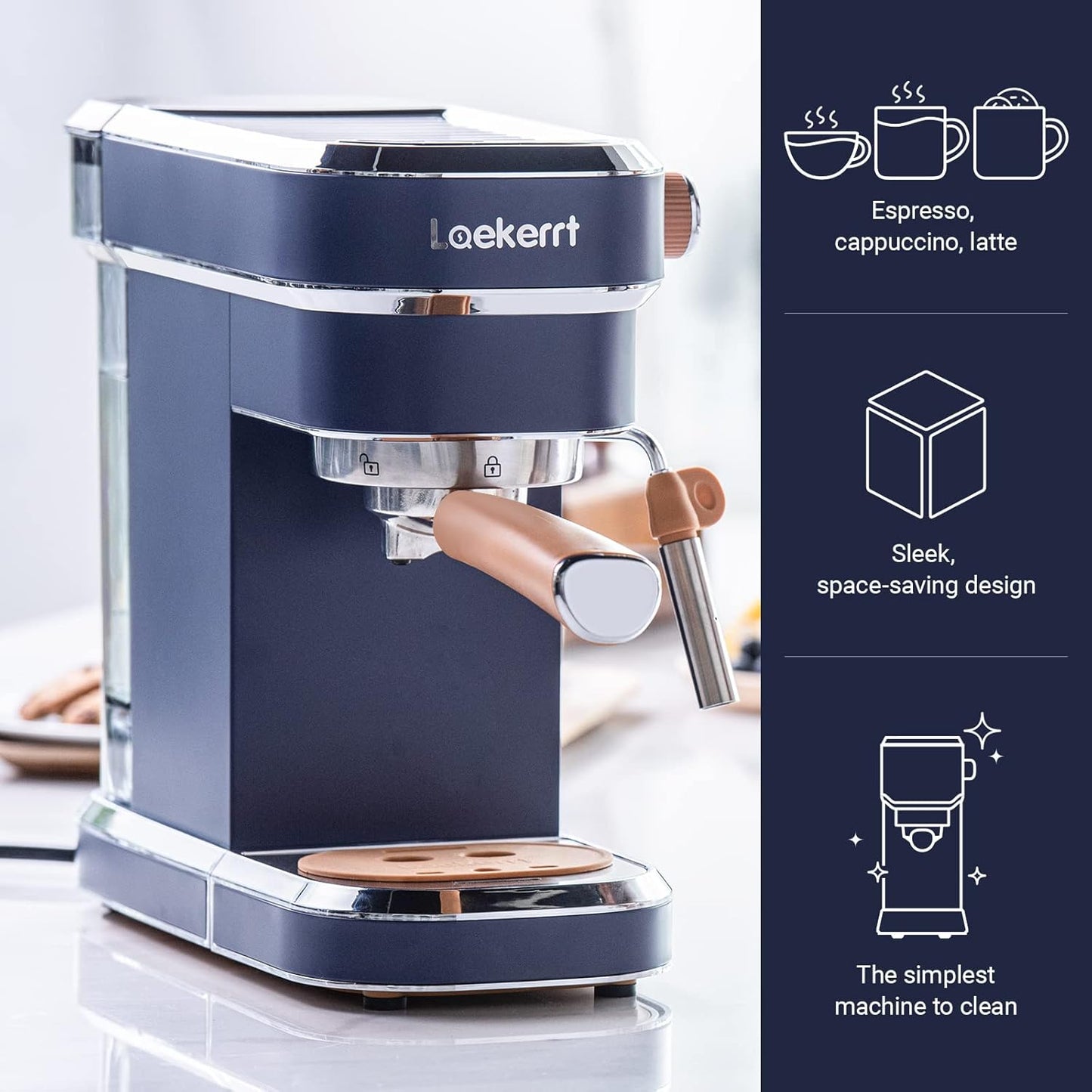 Laekerrt Espresso Machine, Expresso Coffee Machines, 20 Bar Cafetera Espresso with Milk Frother Steam Wand for Home, Compact Small Stainless Steel Coffee Maker for Latte and Cappuccino, Blue