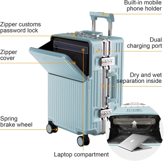 Hard Shell Luggage 28 Inch Travel Luggage, Carry-On Luggage Spinner TSA with Lid, ABS Aluminum Frame，Lightweight Travel Luggage 20'' 24'' 26''Carry-On (upgraded blue, 28 inch)