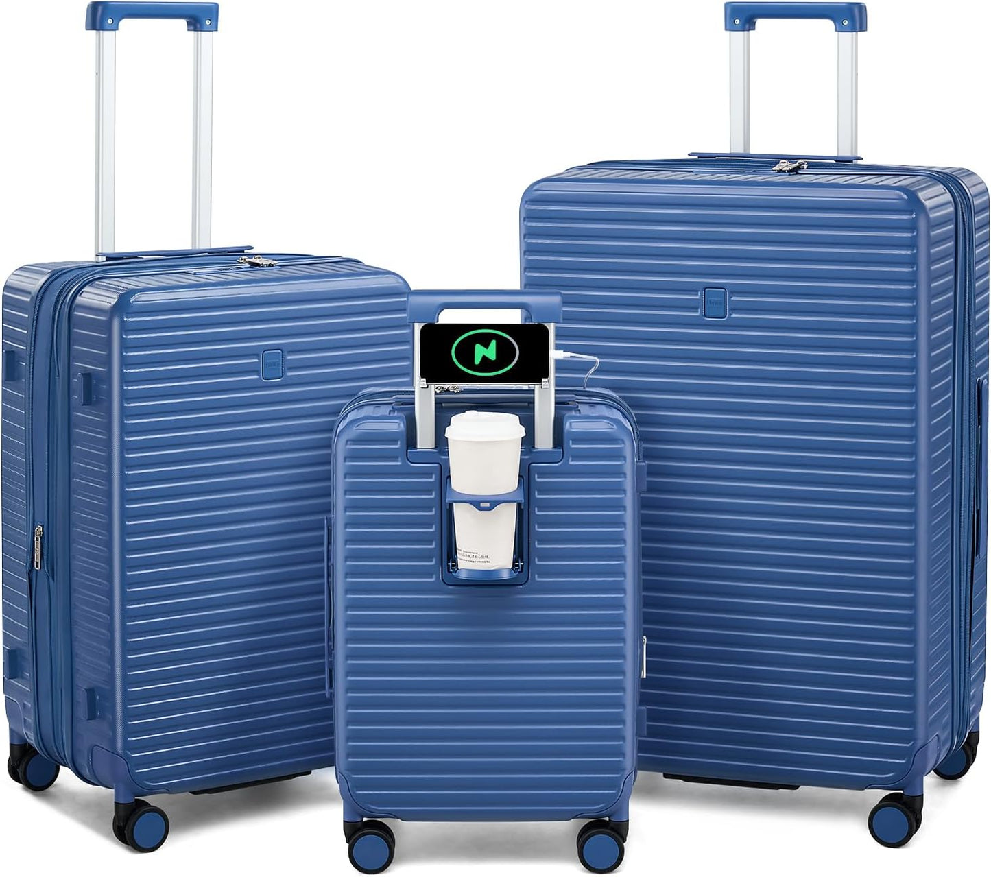 Hard Shell Suitcases Expandable Travel Luggage Sets 3 Piece, Carry on and Check in 3 Piece Luggage Suitcase Sets with Spinner Wheels Cup Holder Charger Built in (Interstellar Blue, 20/24/28)