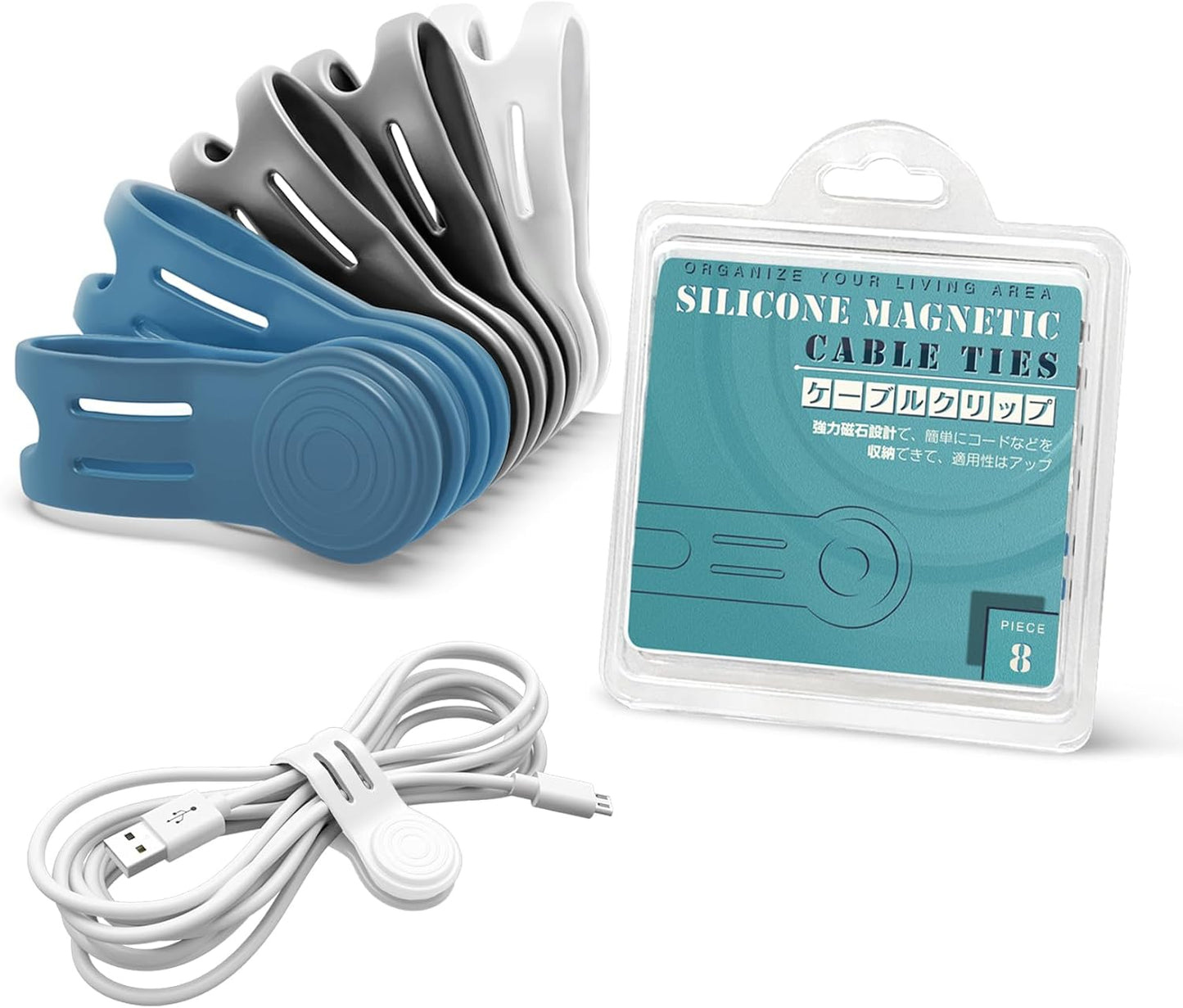 Kanemc 8 Pack Magnetic Twist Ties, Silicone Magnet Cable Tie Reusable Cord Strap For USB Earphone Charger Video Game Cables (2White+4Gray+2Blue)