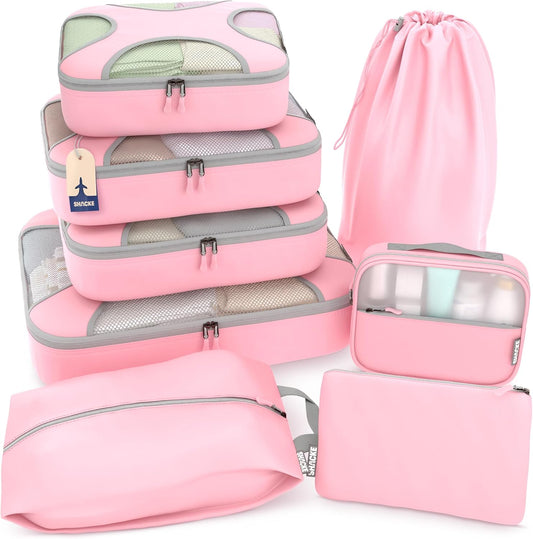 Shacke Premium 8 Packing Cubes Set - Lightweight Mesh Travel Luggage Organizers with Laundry Bag, 8-Piece Suitcase Storage System (Summer Pink)