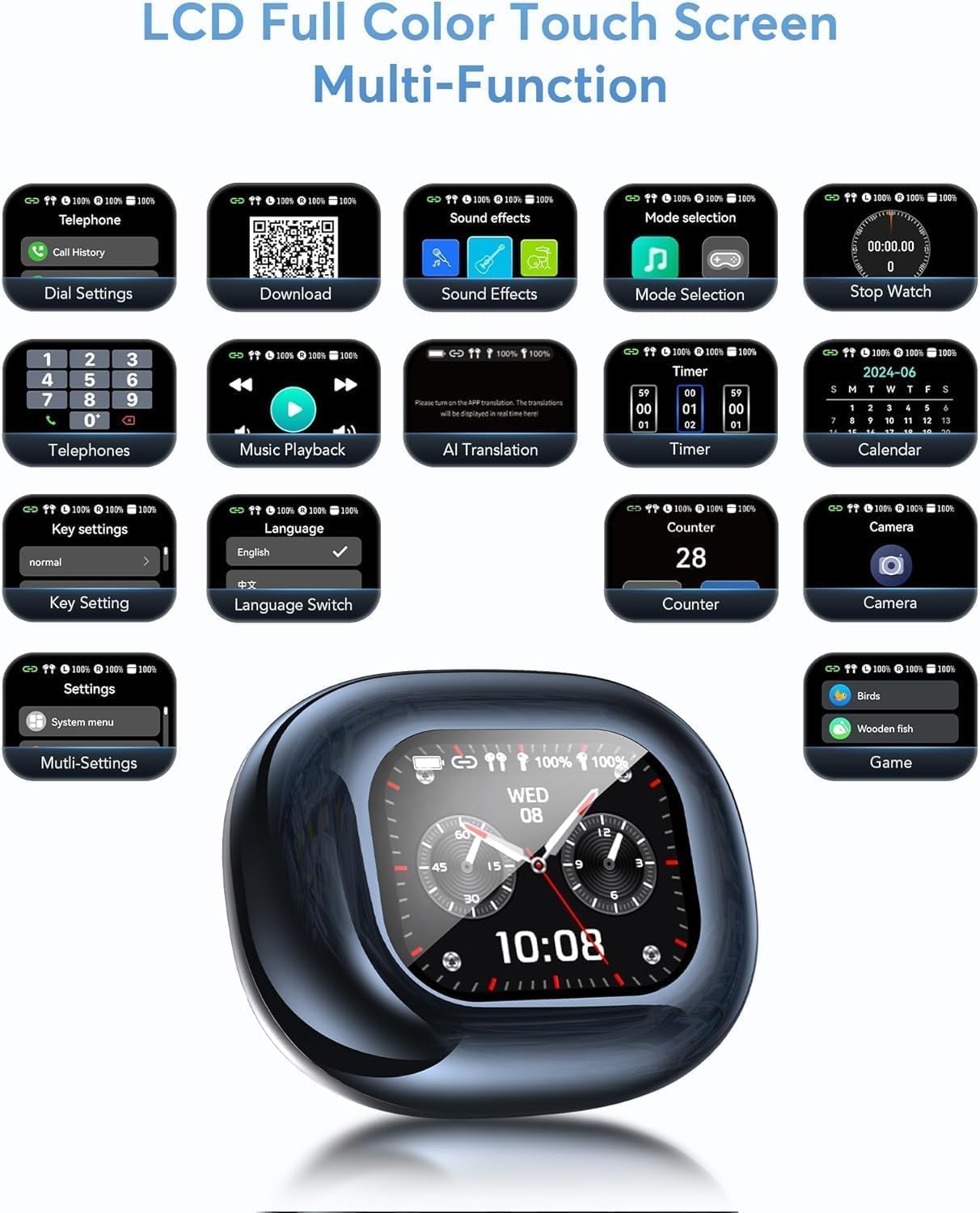 AI Translation Earbuds, Bluetooth 5.4 OWS Headphones with LCD Touch Screen, Real-Time Translator for 144 Languages & Accents, Perfect for Travel, Business & Learning,Sapphire Blue