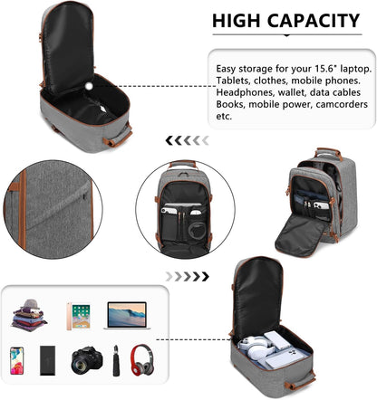 Kono Carry on Backpack, 16" Airplane Approved Under Seat Travel Backpack for Men and Women, Waterproof Lightweight Daypack for Flight 20L (Grey/Brown, Small)