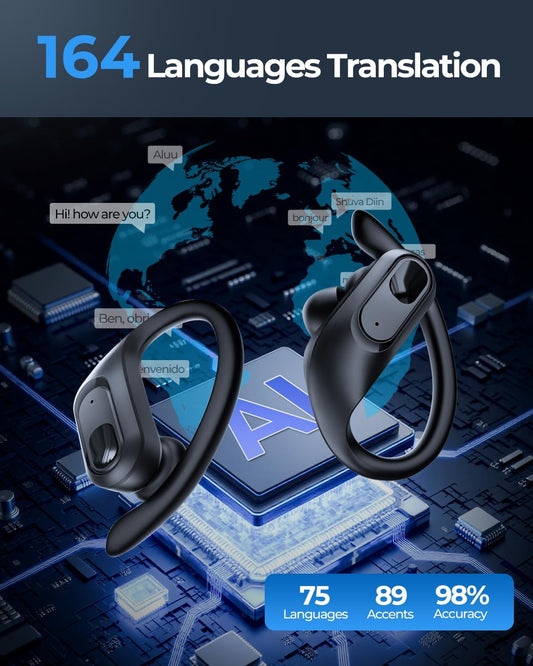 AI Translation Earbuds Real Time, 164 Language Translator Earbuds, 96H Playtime Translation Headphones, Noise Canceling, Audifonos Traductores Inglés Español for Business Meeting Travel Learning