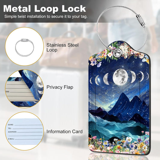 2Pack Luggage Tags for Suitcases, Cute Unique Pu Leather Cruise Luggage Tag with Privacy Cover ID Label Address Card and Metal Ring Suitable for Women Men Kids Travel Bag Mountains and The Moon
