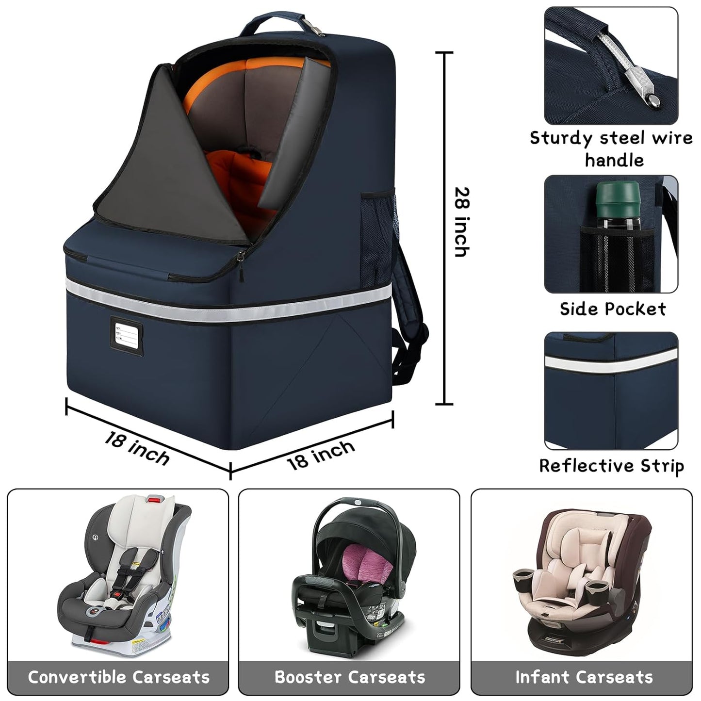 Car Seat Travel Bag - Padded Car Seat Carrier with Steel Cable Handle and Reflective Stripes, Large Durable Airport Gate Check Bag, Blue