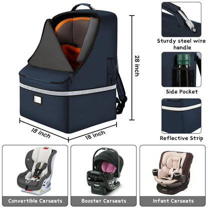 Car Seat Travel Bag - Padded Car Seat Carrier with Steel Cable Handle and Reflective Stripes, Large Durable Airport Gate Check Bag, Blue