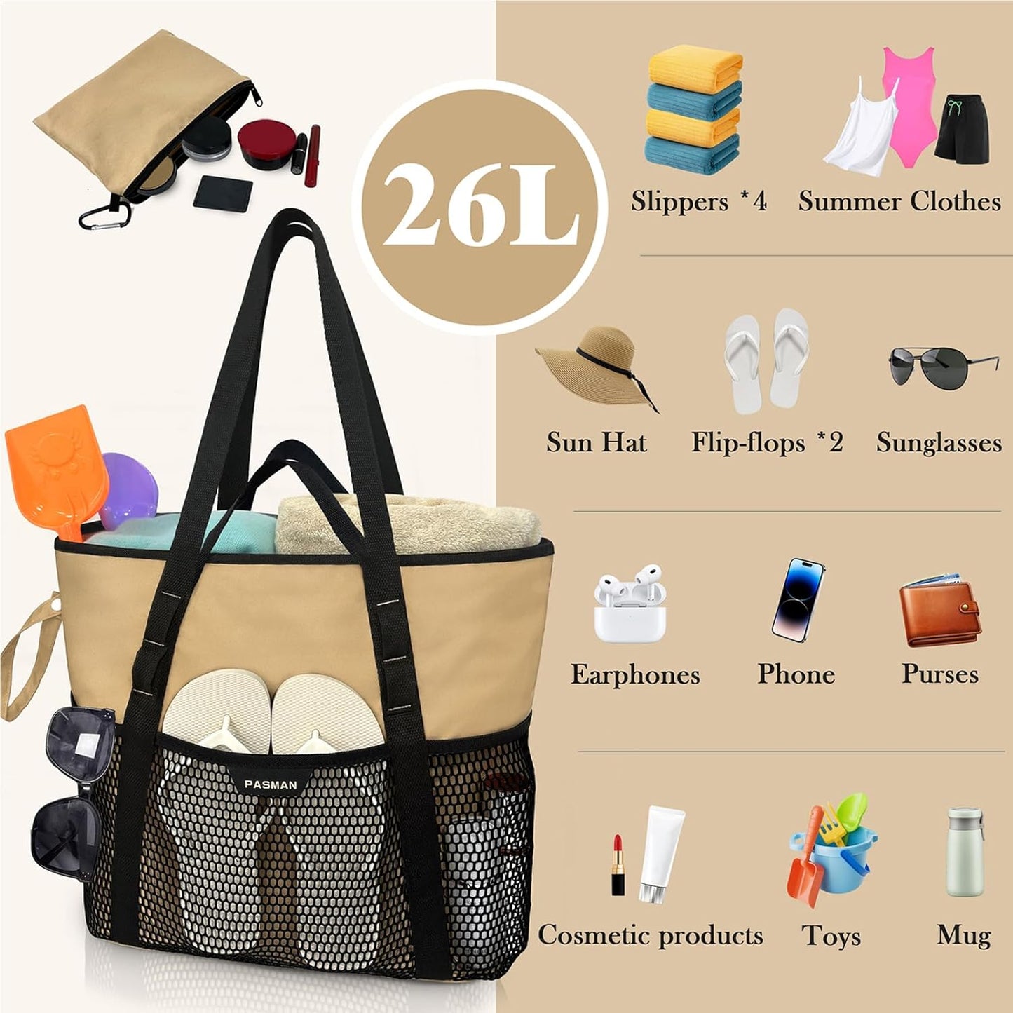 Beach Bag with Zipper - 8 Pockets Sandproof Beach Tote Bag for Women,Foldable Lightweight Family Swim Bag Vacation