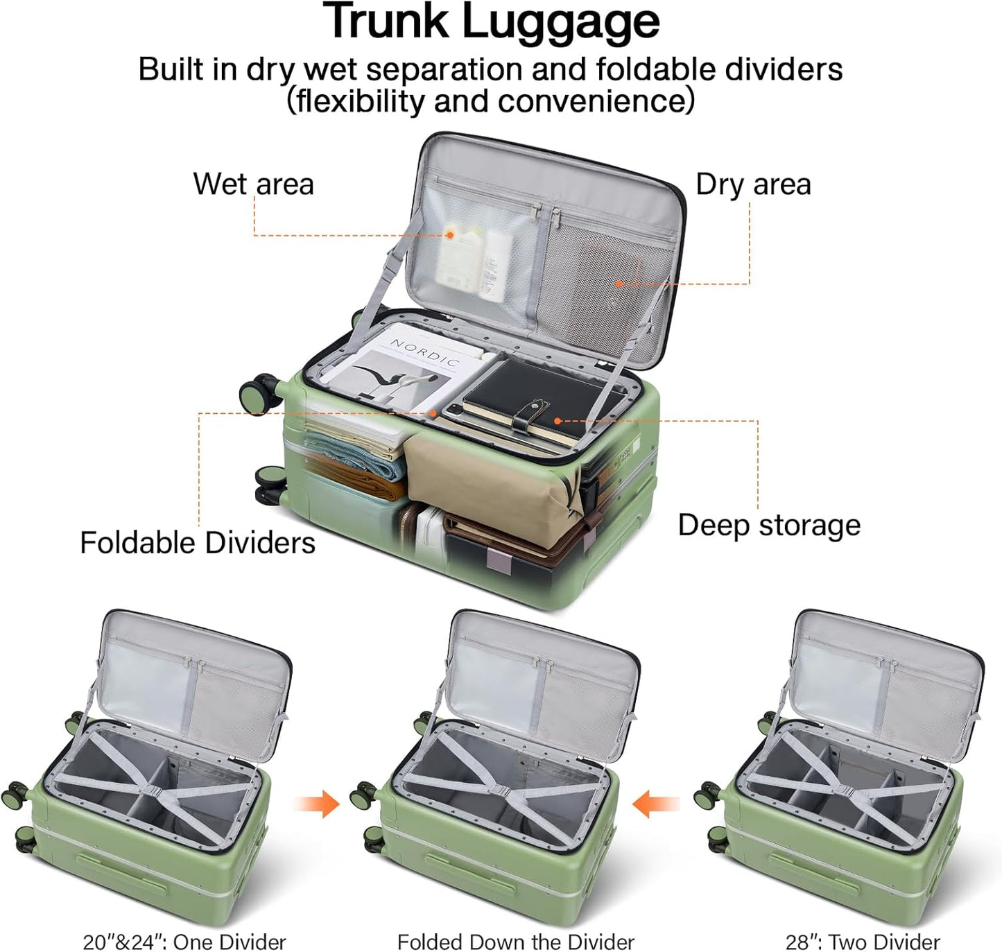 Hanke 24 Inch Luggage with Cup Holder and Charge,Top Opening Hard Shell Suitcases with Wheels and Dividers,Aluminum Frame Trunk Luggage Medium Checked Suitcase with Lock for Travel，Bamboo Green