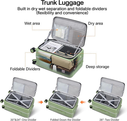 Hanke 28 Inch Luggage with Cup Holder and Charge,Top Opening Hard Shell Suitcases with Wheels and Dividers,Aluminum Frame Trunk Luggage Extra Large Suitcase with Lock for Travel，Bamboo Green