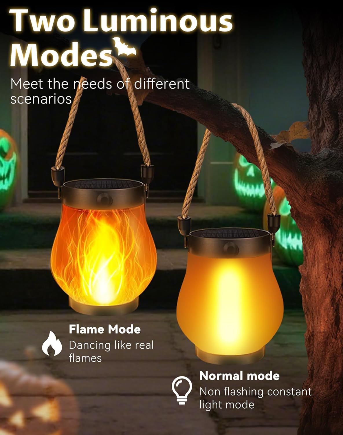 Kaliqo Solar Lantern Outdoor Lights - Official, Waterproof Kaliqo Solar Flame Lights Hangable with Dancing Flame, Hemp Rope Hanging Flame Lanterns,Dual Charging Modes, Smokeless (4 Pack)