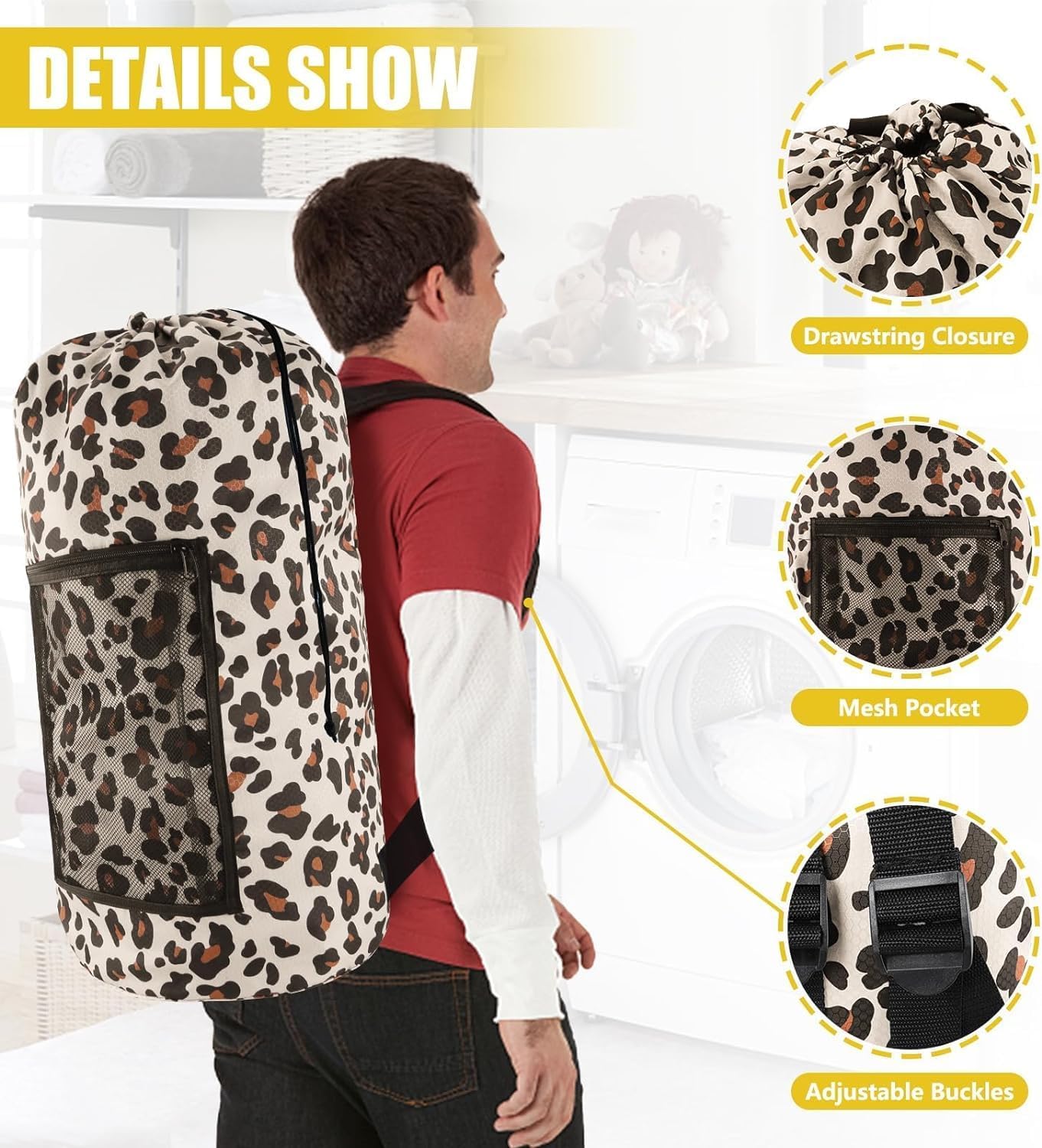 Laundry Bag Backpack, 2PCS Extra Large Travel Laundry Bag with Mesh Pocket & Adjustable Shoulder Straps,Dirty Clothes Travel Bag for College Students Dorm,Apartment(Leopard Print)