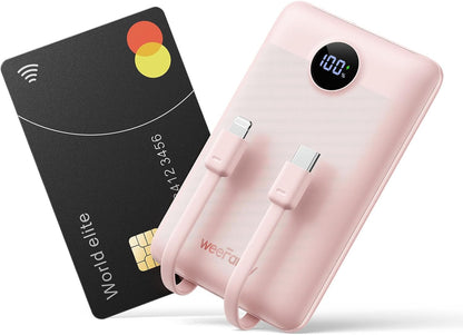 Mini Portable Charger with Built-in Cables 22.5W Fast Charging Power Bank USB-C Small Battery Pack 10000mAh Travel Essential Slim Battery for iPhone 16/15/14, Samsung 25/24, and More