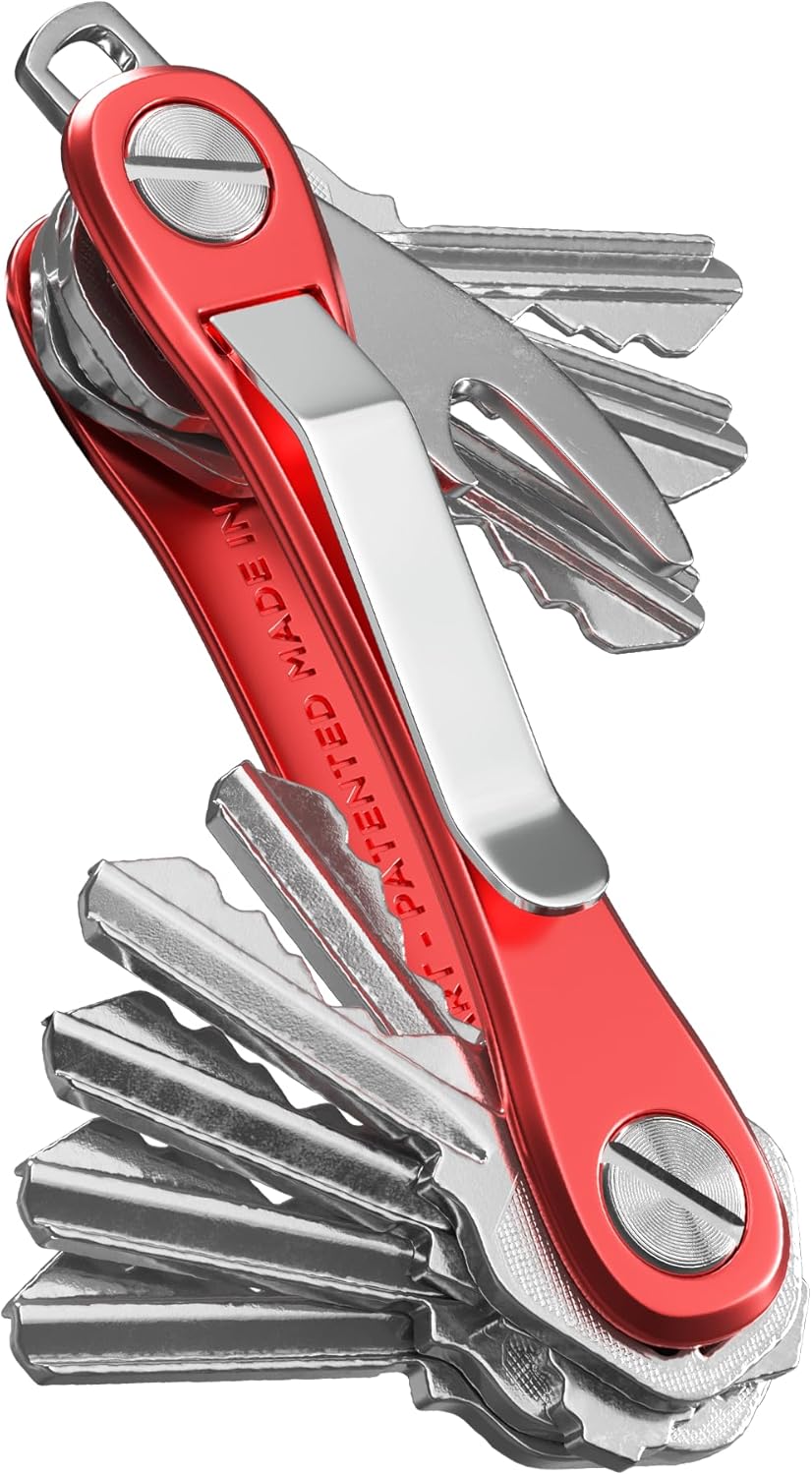 KeySmart Rugged - Multitool Key Holder for Keychain w/Bottle Opener and Pocket Clip, Key Organizer for Key Chain, EDC Keychains, Key Ring for Car Fobs Key Chains, Expandable (Up to 14 Keys, Red)