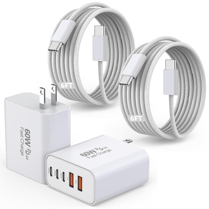 iPhone 17/16 Fast Charger Block,2 Pack 60W USB Charging Block 5-Port Charge Adapter for Apple iPhone Charger with 6FT USB C Woven Fast Charging Cable for iPhone17/16e/16Pro/15ProMax, iPad Pro/Air/Mini