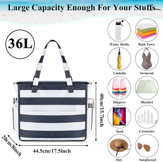 LEDAOU Beach Bag Waterproof Sandproof Women Tote Bag Pool Bag with Zipper for Gym Grocery Travel with Wet Pocket