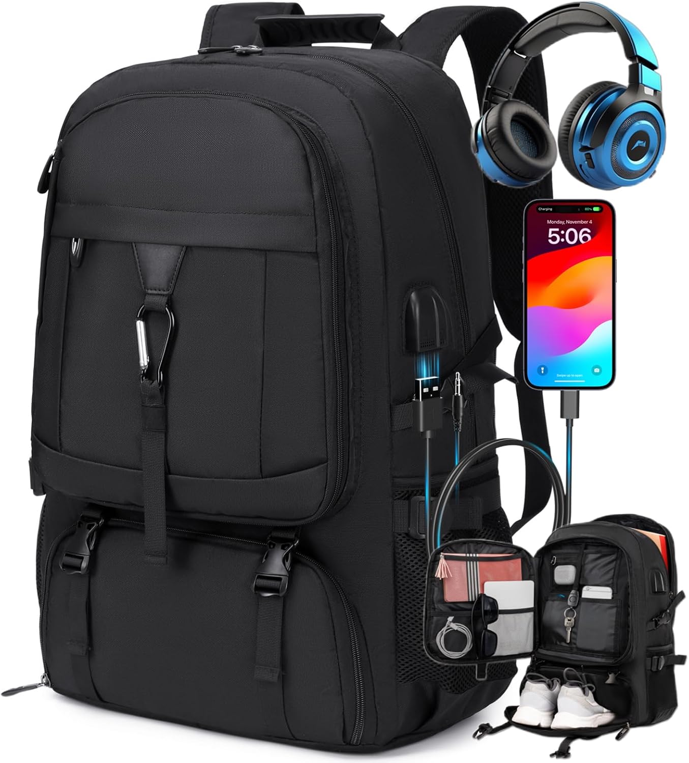 18.4 Inch gym backpack with shoe compartment,80L Multiple Compartments Backpacks, Airline Approved Carry on Travel Daypack Anti Theft with USB Charging Port,for Men Women Travel Work Business