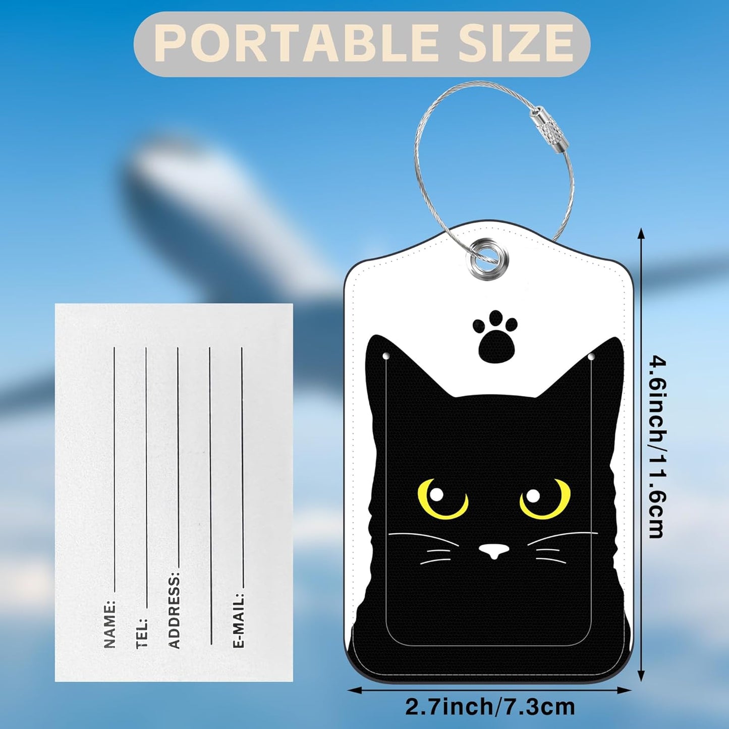 Set of 2 Luggage Tags Cute Black Cat Luggage Tags for Suitcases Leather Suitcase Tags Identifiers with Privacy Name Address Label and Stainless Steel Loop for Women Men Travel Luggage Accessories