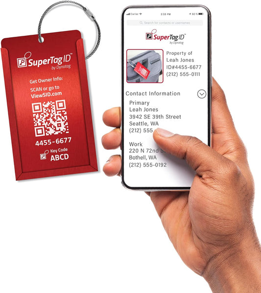 Dynotag® Web Enabled Smart Aluminum Convertible Luggage ID Tag + Braided Steel Loop, with DynoIQ™ & Lifetime Recovery Service (Ruby Red)