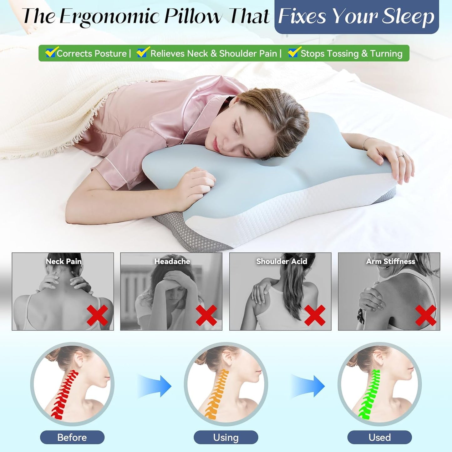 Cervical Pillow for Neck Support, Memory Foam Contour Pillow, Ergonomic Orthopedic Pillow, Adjustable Height Soft Bed Pillow with Breathable Pillowcase for Back, Side, Stomach Sleeper