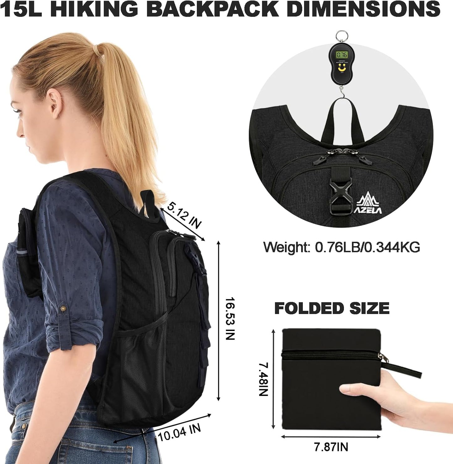 Seektop 15L Small Hiking Backpack for Women Men, Foldable Packable Backpack with Phone Pocket, Lightweight Travel Daypack for Hiking Camping Outdoor (Black)