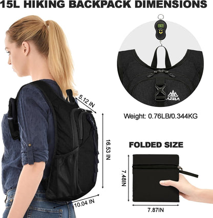 Seektop 15L Small Hiking Backpack for Women Men, Foldable Packable Backpack with Phone Pocket, Lightweight Travel Daypack for Hiking Camping Outdoor (Black)
