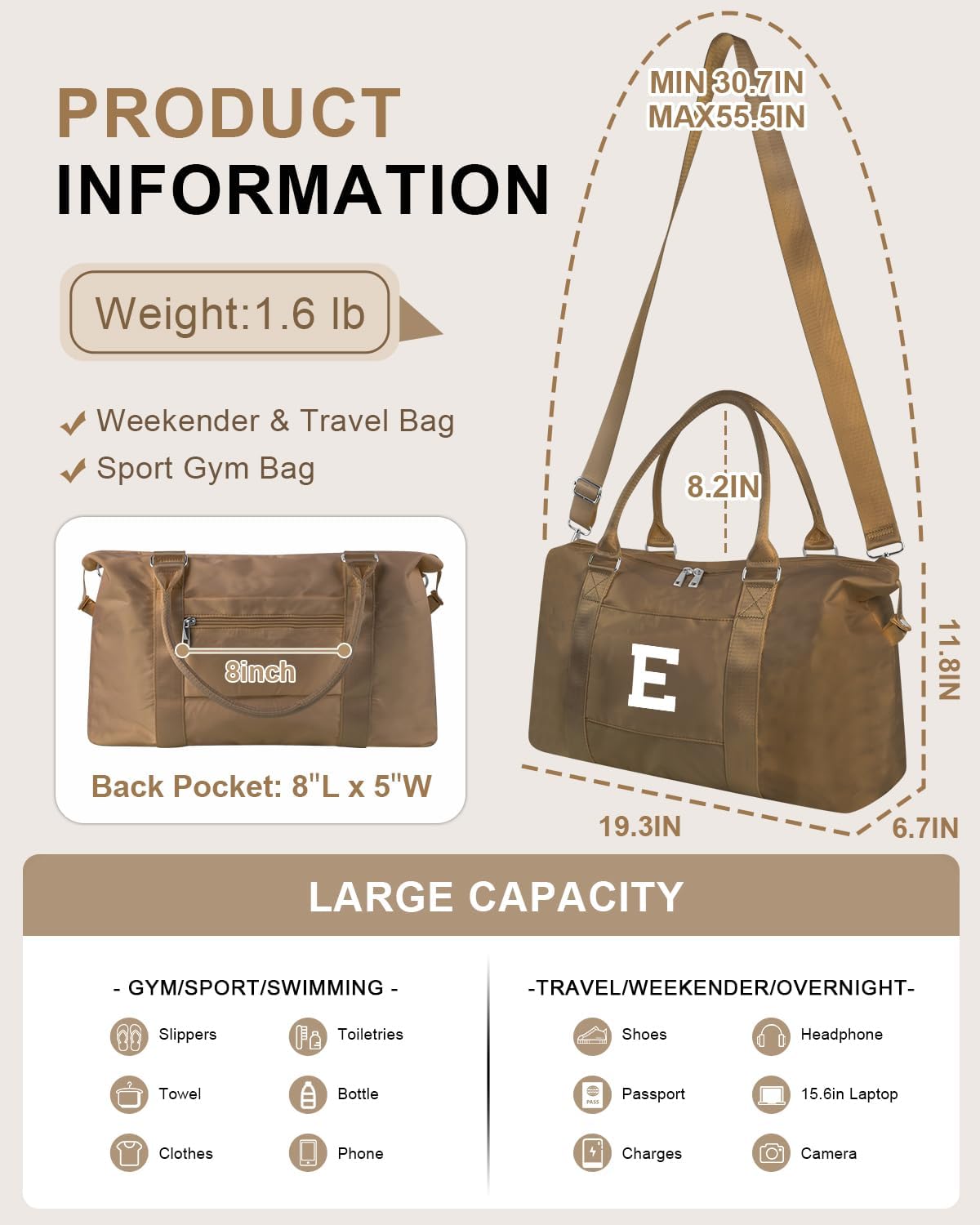 Birthday Graduation Gifts for Daughter,Initial Travel Duffel Bag Sports Gym Bag for Girls Teen Kids Birthday Gifts,Personalized Weekender Bag Carry On Tote Bags Cute Overnight Bag for Women(Brown, E)