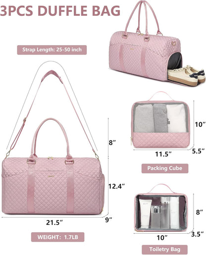 Women Duffle Weekender Travel Bag: Large Duffel Bags with Shoe Compartment Carry On Overnight Tote Bag with Wet Pocket Toiletry Bags Weekend Gym Yoga Hospital Bag for Labor and Delivery Pink 3Pcs Set