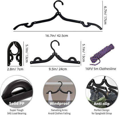 24 Pcs Black Travel Hangers Foldable for Suitcase, Portable Folding Clothes Hangers with Clothesline Travel Accessories, Cruise Ship Essentials Portable Foldable Hangers Drying Rack
