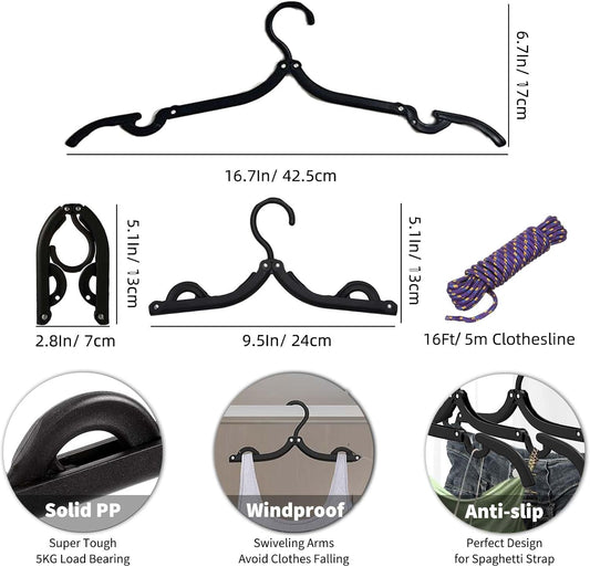 24 Pcs Black Travel Hangers Foldable for Suitcase, Portable Folding Clothes Hangers with Clothesline Travel Accessories, Cruise Ship Essentials Portable Foldable Hangers Drying Rack