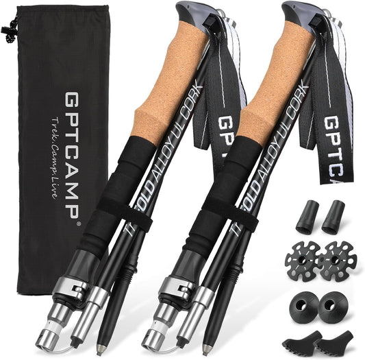 GPTCAMP Nordic Walking Stick, TPZ-1, 2pc Folding Collapsible Hiking Poles with Metal Quick Lock, Cork Handle, Lightweight 7075 Aluminum Trekking Poles for Seniors Women Men Hiking Gear
