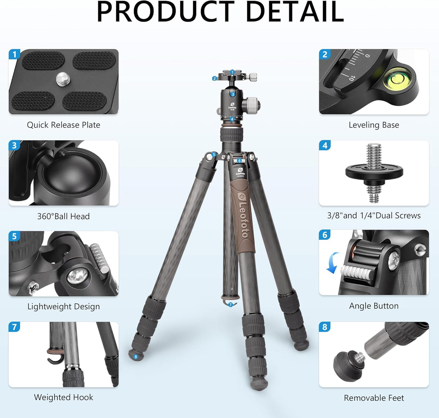 Portable Travel Tripod, Carbon Fiber Camera Tripod with Ball Head, with 360° Detachable Center Column, Folded Length 485mm, Max Load 15kg, Max. Height 1735mm (LX-324CT+XB-38)
