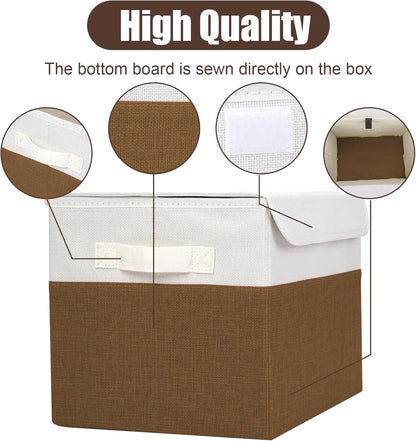 Large 22 Quart Linen Fabric Foldable Storage Bin Cube Organizer Basket with Flip-Top Lid & Handles, Clothes Blanket Box for Home, Office, Closet, Brown & White, 4 Pack 14.6 x 9.5 x 9.5